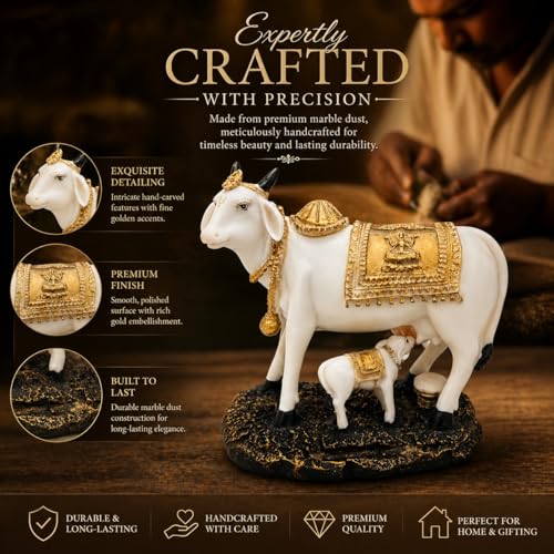 Image of ARMONIA Kamdhenu Cow with Calf Idol for Home Decor | Dust Marble Finish Gau MATA Statue | Vastu & Feng Shui Good Luck Showpiece for Living Room, Pooja Room | Wedding & Housewarming Gift (24cm)