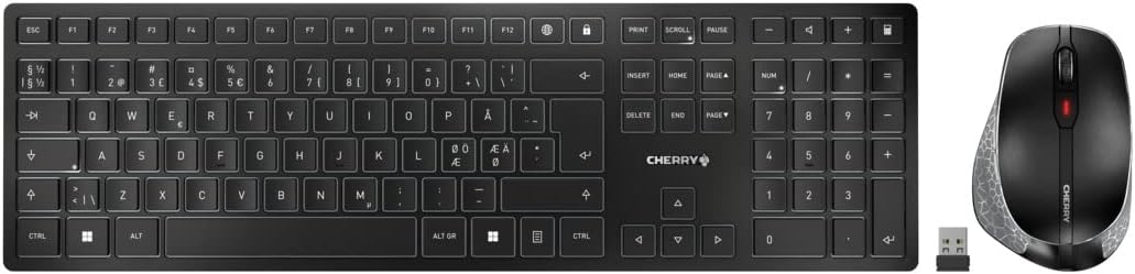 CHERRY DW 9500 SLIM, Wireless Keyboard and Mouse, International Layout (QWERTY), Bluetooth or Radio Connection, Flat Design, Rechargeable, Ergonomic Right Mouse, Black Grey