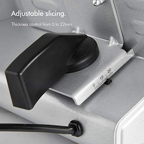VonShef Meat Slicer Electric Food Cutting Deli and Food Machine For Meats Cheese Bread, Vegetables Precision Thickness Control, Sliding Plate, Food Pusher, Anti Slip Feet - Stainless Steel