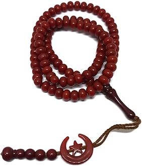 Islam Prayer Tasbih 99 Beads AMN-303 Muslim 8 mm. Rosary Bead Moon Star Decorated Tassels Haj Eid Ramadan Gift (Red)