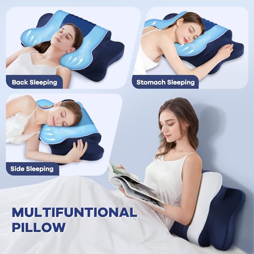 Image of Cervical Neck Pillow for Pain Relief,Cervical Pillow with Memory Foam Ergonomic Pillows with Dual Heights for Back,Stomach and Side Sleepers Kids' Floor Pillows Cushions (Dark Blue, Standard 27 inchx16 inch)