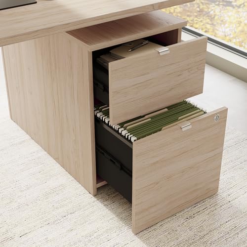 Image of Bush Business Furniture 60-inch Height Adjustable L Shaped Standing Desk with Drawers, Ergonomic Sit-Stand Computer Table for Office, Stratus Collection, Natural Elm with White Base
