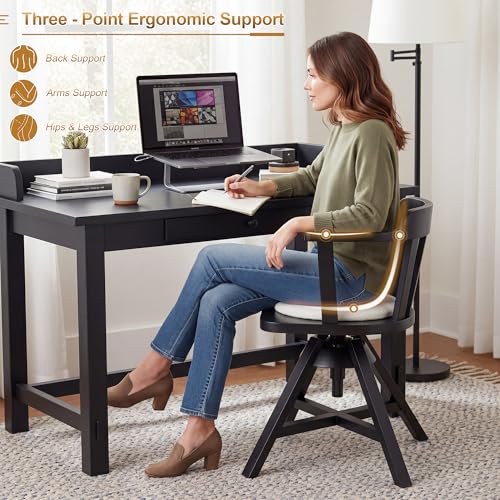 Image of Zesthouse Solid Wood Home Office Desk Chair with Arms, Vintage Office Chair with Adjustable Height, Heavy Duty Desk Chair with Cushion & Slatted Back, Swivel Wooden Computer Task Chair No Wheels Black