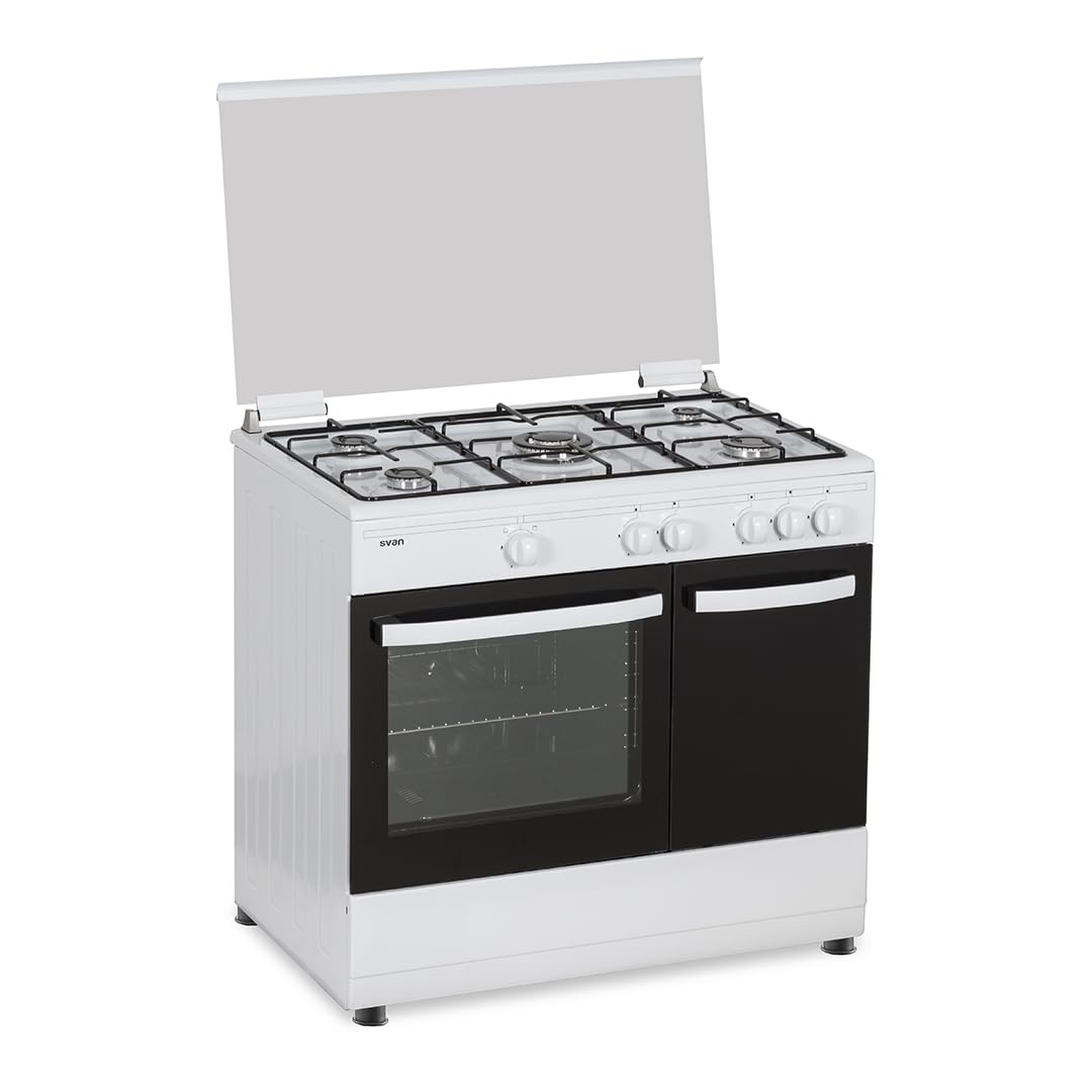 Svan Cocina Gas Butano 5 Zonas de Cocción, Horno 59 L, Blanco SKGW5900PB. Control Manual, Quemador WOK triple llama, 2 Programas de Cocción, Cristal en Puerta de Doble Capa, Tapa Abatible