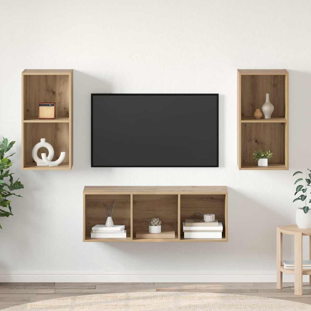 TV-Schrankset Wandmontiert 3-teilig, Artisan-Eiche Holzwerkstoff, Modernes Media-Center für Wohnzimmer, Elegante Aufbewahrung, Platzsparendes Design