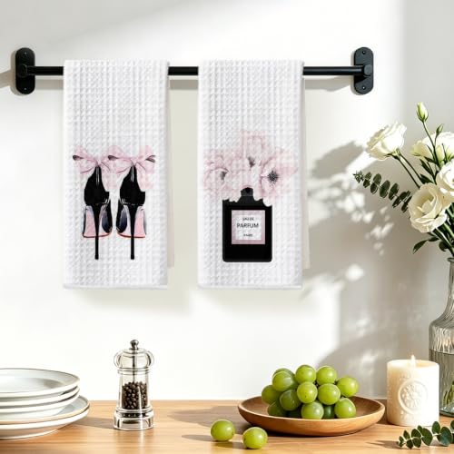 Image of 2 Pcs Pink Hand Towels, Perfume High Heeled Shoes Reusable Dish Towels | Fashion Gifts for Women Mom Girls Friend, Waffle Weave Microfiber Towels for Bathroom Home Decor 24x14 Inch