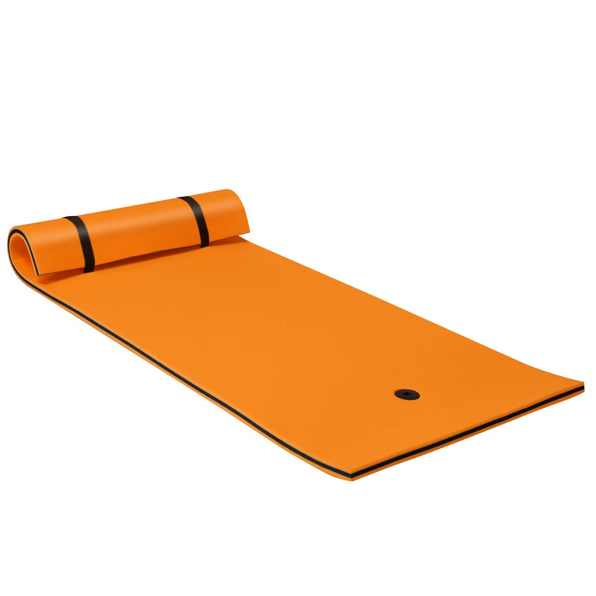 GYMAX Large Floating Water Pad, 3-Layer XPE Foam Floating Raft Mat with Rolling Pillow Design and Fixing Strap, Roll-Up Swimming Foam Mattress for Pool, River, Lake and Ocean (Orange)