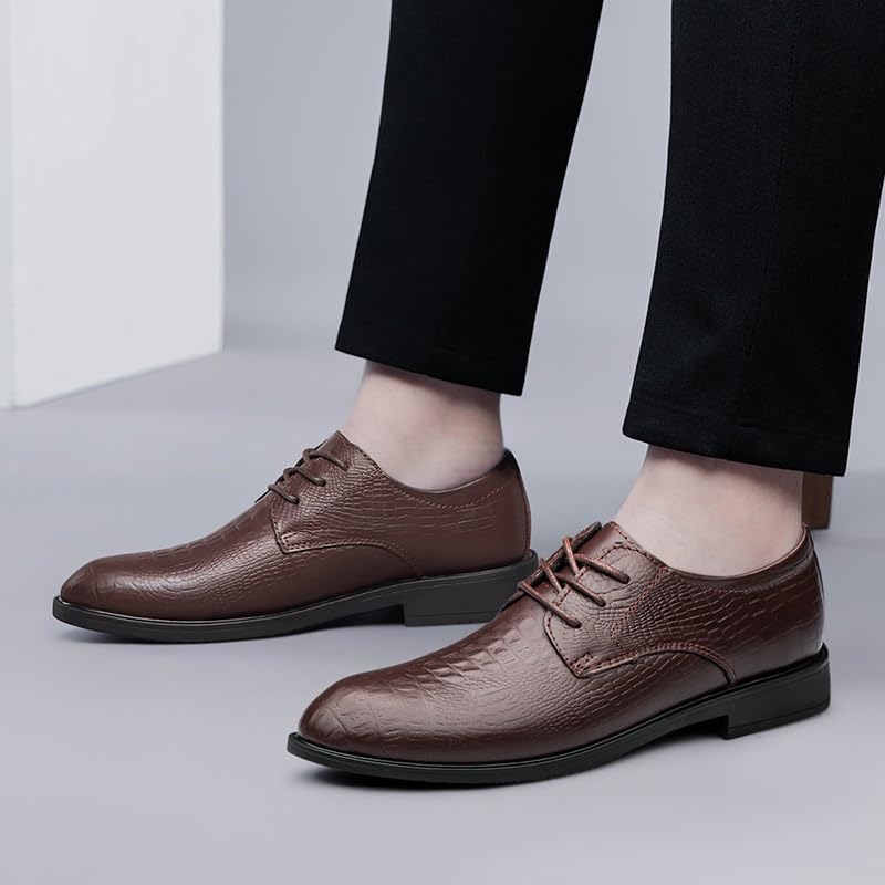 Classic Dress Oxford Formal Shoes for Men Lace Up Round Toe Leather Plaid Crocodile Print Shoes Slip Resistant Block Heel Low Top Classic Prom Wedding Tuxedo Dress Shoes2