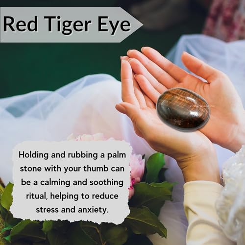 Image of Amazing Gemstone Red Tiger Eye Crystals and Healing Stones - Large Palm Stone Crystals Piedra - Crystal for Good Luck, Balanced Positive Energy, Meditation - Unique Stocking Stuffers, Gifts for Women