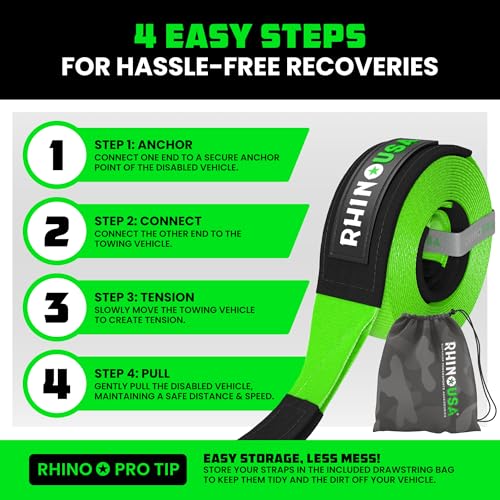 Image of Rhino USA Recovery Tow Strap (3 inch x 20') - 31,518lb Break Strength - Emergency Recovery Strap Tow Rope for Truck, UTV, ATV & More - Heavy Duty Towing Strap for Offroad 4x4 Use - Compatible with Jeep