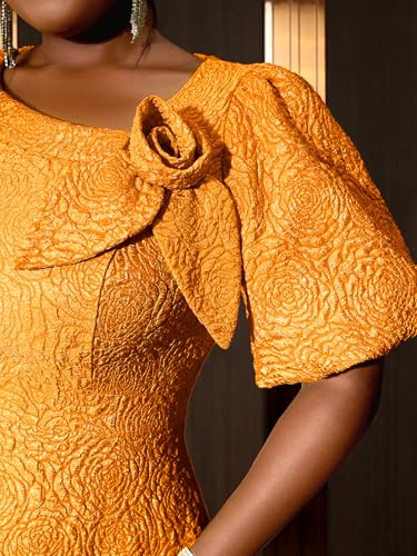 Image of AOMEI Women's Irregular Neck with Flower Short Puff Sleeve High Waist A-Line Jacquard Dress