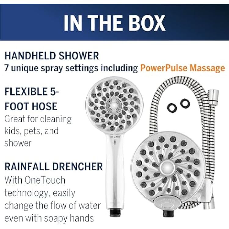 Waterpik One-Touch Dual 2-in-1 Shower System With Rain Shower Head and 7-Mode Hand Held Shower Head, Chrome XPB-133E-763E PowerPulse Chrome 8 Settings Showerhead Combo 1.8 gpm