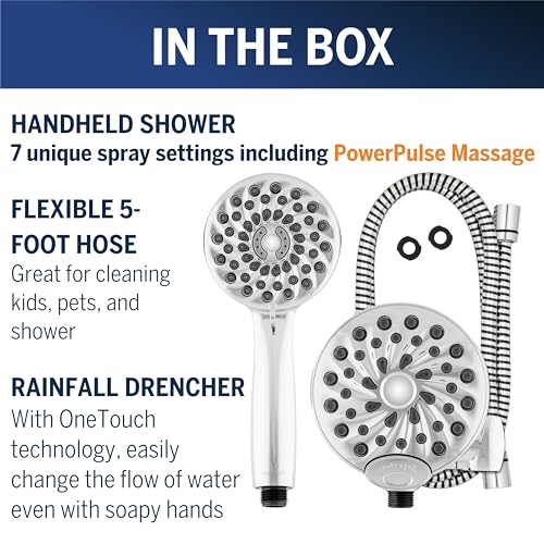 Waterpik One-Touch Dual 2-in-1 Shower System With Rain Shower Head and 7-Mode Hand Held Shower Head, Chrome XPB-133E-763E PowerPulse Chrome 8 Settings Showerhead Combo 1.8 gpm