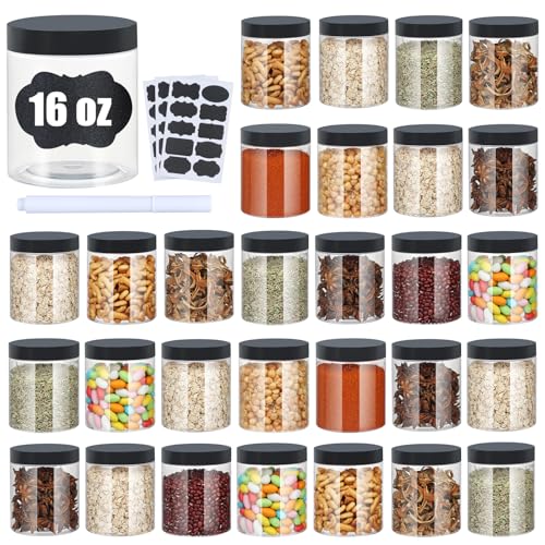 Plastic Jars with Lids,Airtight Container Ideal For Dry Food, Honey Jam, Peanut Butter,Cosmetics, Cream, Bathroom and Storage Included Extra Label and A Pen (30 PCS Black Lids)