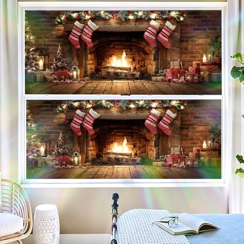 Image of Christmas Fireplace Stocking Window Film 39.37x17.32in Cling