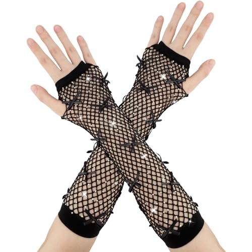 Rhinestone Fishnet Bow Gloves for Women and Girls - Fingerless Fishnet Gloves for Halloween Costume