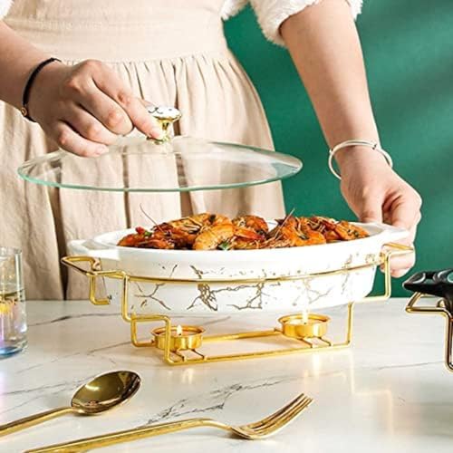 Buffetwärmer-Set, Keramik-Chafer mit Marmorimitat-Finish, mit Glasdeckel und Brennstoffhaltern, für Buffet-Hochzeiten, Partys, Bankette, Catering-Events,Grün a,36 * 22 * 5,5cm – Bild 4