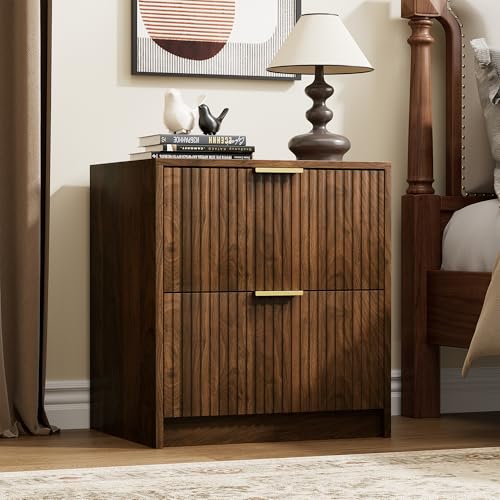 Image of Furniway 3 Piece Bedroom Set, 9 Drawer Dresser and Nightstand Set of 2 with Gold Handles, Modern Wood Chest of Drawers Storage Cabinet for Bedroom, Walnut