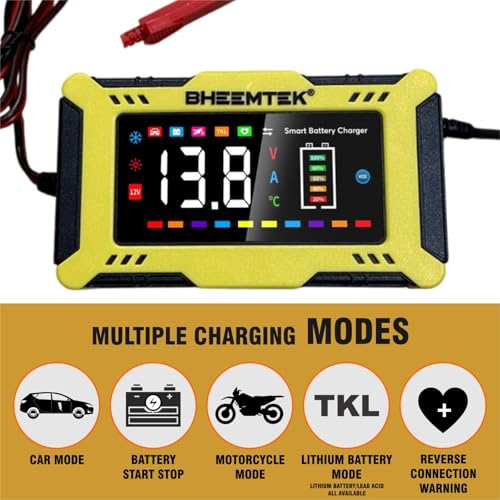 Image of Bheemtek Car Battery Charger 6A 12V with LED Display | Portable Smart Charger & Maintainer for Lithium Iron Phosphate, Lead Acid, AGM, Gel, SLA, Wet Motorcycle Batteries with Automatic Repair Function