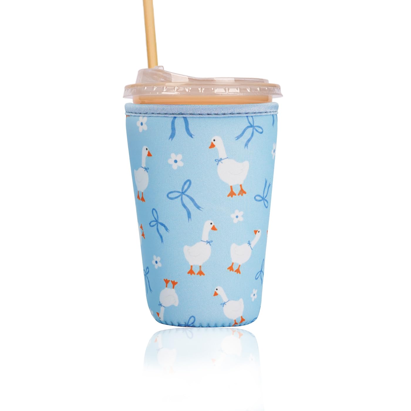 Reusable Insulated Sleeve for Iced Coffee Cup, Coffee Neoprene Sleeve for Cold &amp; Hot Drinks, Beverage Holder for Iced Coffee (Blue Geese, Medium: 22-24oz)
