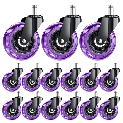 Image of 3 Inch Office Chair Wheels, Set of 15 (Purple) | Heavy Duty Replacement Casters for Hardwood Floor & Carpet, Smooth Quiet Roll, Universal 11mm Stem, Non-Marking PU Wheels