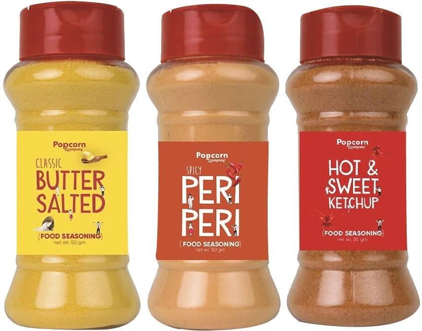 Image of Classic Butter Salted, Peri Peri, Hot & Sweet Instant Seasoning Mix Combo Pack of 3 - Unique Blend of Spices and Herbs for carbs - 200gm By Popcorn & Company