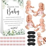 RoundFunny 33 Pcs Baby Shower Diaper Changing Game Supplies Including Baby Dolls Blindfold Diapers Wooden Sign for Changing Race Gender Reveal Party Favors(Greenery)