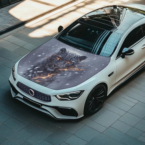 Image of 39x59 Inch Grey Leopard Car Hood Cover, Stretch Polyester Car Hood Protector All Seasons Universal Car Exterior Accessories Easy Install for Car Hood Protection