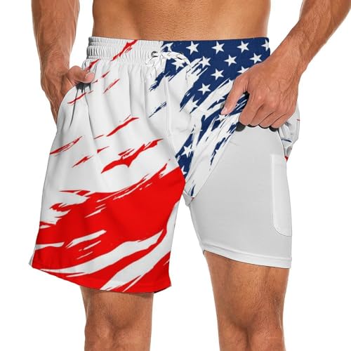 UOER Mens Swim Trunks with Compression Liner American Flag Swimming Shorts Quick Dry 7 Inch Inseam Bathing Suit with Pockets