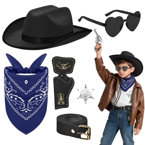 6 Stück Western Cowboy Kostüm für Kinder, West Cowboy Zubehör Set mit Hut Bandana Sonnenbrille Abzeichen Holster Gürtel für Jungen Mädchen Halloween Karneval Cosplay Party (Schwarz)