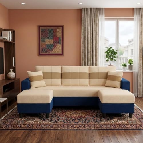 Image of Cavona 5 Seater L Shape Sofa Set with 2 Movable Ottomans | Flexible Layout | Luxury Velvet Suede Fabric | Modern Living Room Sofa | Dark Blue-Cream-Beige