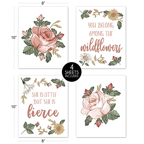 Image of Sweet Jojo Designs Vintage Floral Boho Wall Art Prints Room Decor for Baby, Nursery, and Kids - Set of 4 - Blush Pink, Yellow, Green and White Shabby Chic Rose Flower Farmhouse Wildflower