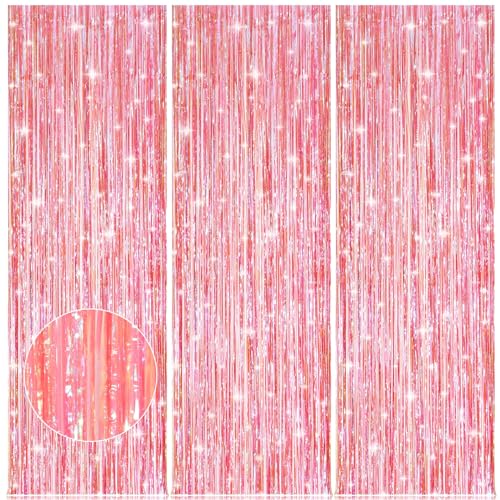 Image of Accevo 3Pack Neon Pink Party Streamers 3.2x8.2 Feet Metallic Foil Fringe Curtains Tinsel Streamers Party Decor Photo Booth for Baby Shower Birthday Wedding Christmas Valentine's Day Party Decorations