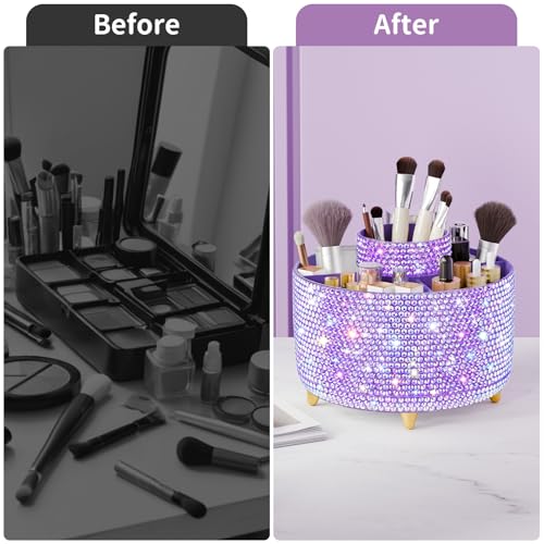 Image of fanado Bling 360 Rotate Makeup Brush Holder Organizer, Makeup Organizers Countertop, Makeup organization and Skincare Storage for Vanity, Gift for Women Girls (Bling dz-Purple)