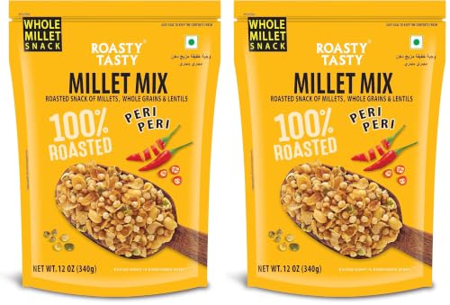 Image of Roasty Tasty Millet Mix Peri Peri 340g | Healthy Snack of Roasted Bajra, Wheat Flakes, Moong, Masoor, Peanuts Ideal Millet Namkeen for Kids & Adults | Low Calorie Snacks - Roasted Namkeen - No Cholesterol, No Transfat Diet Mixture in Peri Peri Masala | Millet Snacks Items
