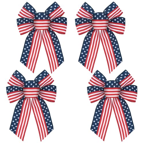 anshome 4pcs Patriotic Bow for Wreath, American Flag Stars Wreath Bow for Front Door Decor Red White Blue Stripe Tree Topper Ornament Decorative Bow for 4th of July Home Outdoor Indoor Party