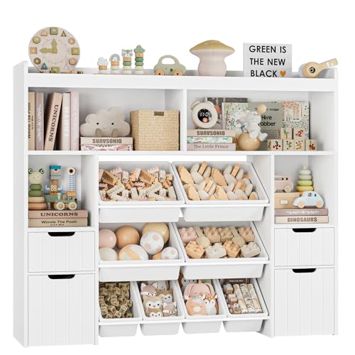 Image of HORSTORS 55" W Toy Storage Organizer with Drawers, Large Kids Toy Storage Box with Removable Bins, Tall Kids Bookshelf and Bookcase for Boys and Girls, Modern Toy Chest for Playroom, Classroom, White