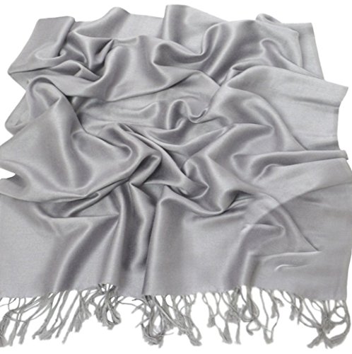 CJ Apparel Light Grey Silver Grey Solid Color Tassels Design Nepalese Shawl Seconds Scarf Wrap Stole Throw Head Wrap Pashmina Hand Made in Nepal New3