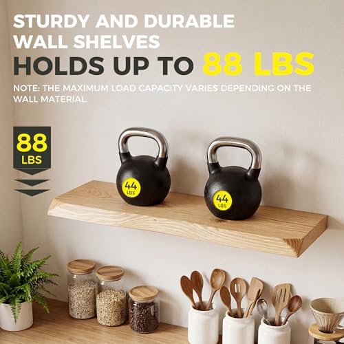 Image of 48 Inch Floating Shelves for Wall Decor, 88lbs Solid Spruce Wood Live Edge Floating Shelves, 8 inch Deep Rustic Wall Shelf for Bathroom Kitchen Bedroom Living Room, Invisible Bracket, Natural(Set of 1)