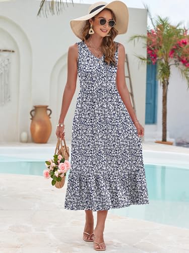 Image of AUSELILY Womens Summer Maxi Dress Casual Sleeveless V Neck Floral Dresses | A line shape with practical side pockets, Vacation dress for resort walks, Pair with low heels and simple jewelry