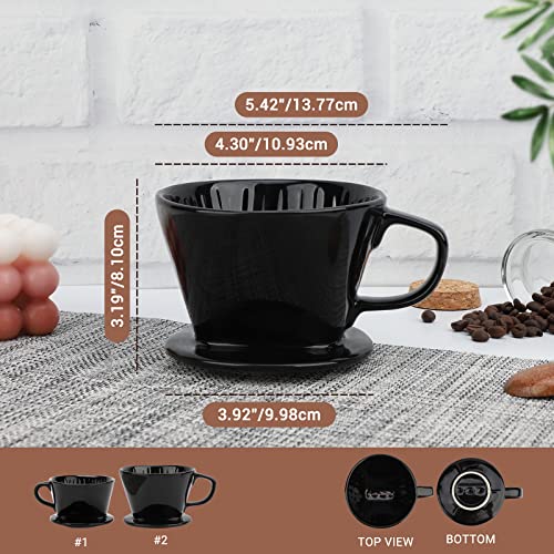 Image of Segarty #2 Pour Over Coffee Maker, Single Cup Black Ceramic Coffee Dripper, 1 Set Size No.2 Reusable Filter Cone Drip Holder Slow Brewer with 3 Holes Flat Bottom for Travel, Camping, Office, Home