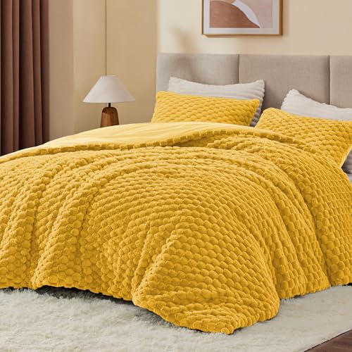 Image of BEDELITE Fluffy King Size Comforter Set - Yellow Fleece Soft Comforter for King Size Bed, Luxury Warm Bedding Set for Winter, Fuzzy Bed Set 3 Pieces (1 Comforter, 2 Pillowcases)