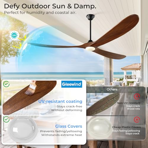 Image of 72 inch Outdoor Ceiling Fan with Lights-Glass Lamp, Large Damp Rated Wood Propeller Blades for Big Patios & Porch, Smart APP and Remote Control, 3 Blades Dimmable LED Ceiling Fans, High CFM-Walnut