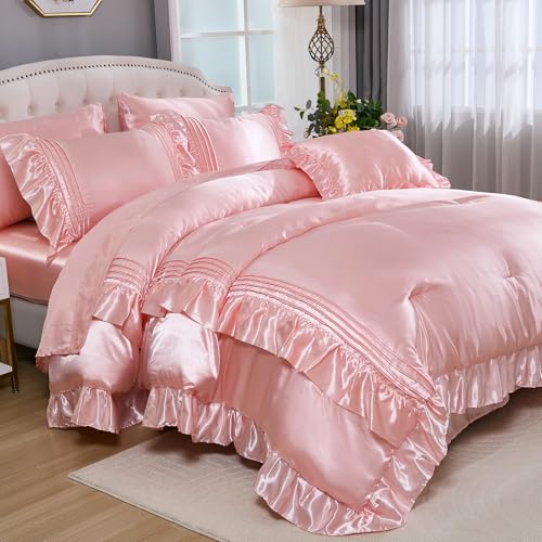 Pink Satin Comforter Set 8 Pieces Queen Comforter with Sheets Silk Like Satin Bed Set Luxury Bedding Bed in a Bag 1 Comforter 4 Pillowcasas 1 Flat Sheet 1 Fitted Sheet 1 Cushion Cover