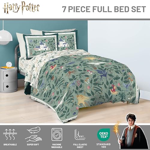 Image of Harry Potter Full Comforter Set 7 Piece Soft Floral Bedding, Green | Hogwarts, Bed in a Bag, Comforter Sheets Shams Pillowcases, Official Product, Soft Microfiber, Machine Washable, Easy Care