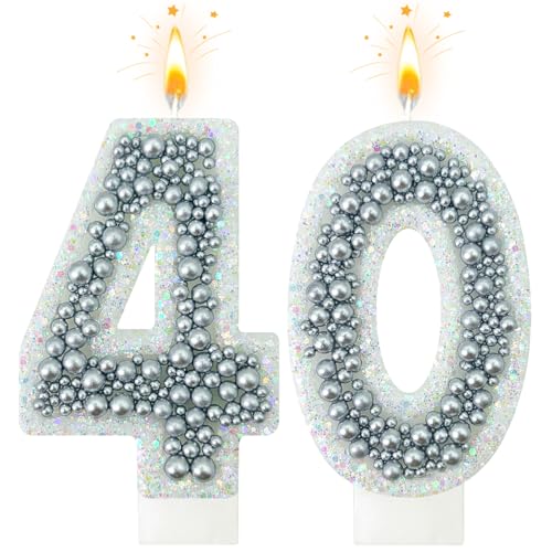 NHJINX 40 Birthday Number Candle for Cake Glitter Number Candle with Silver Beads Decorative Cake Topper for Milestone Celebrations