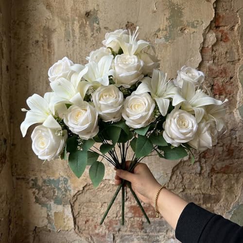 Retrowavy 21 Heads Large Artificial Tiger Lily Roses Flowers White Lilies Roses Fake Floral Bouquet Arrangements Decorations for Bridal Wedding Home Table Centerpiece Garden Decor 3 Bundles