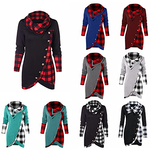 Women's Cowl Neck Long Sleeve Blouse Shirt Casual Plaid Asymmetrical Sweatshirt Top