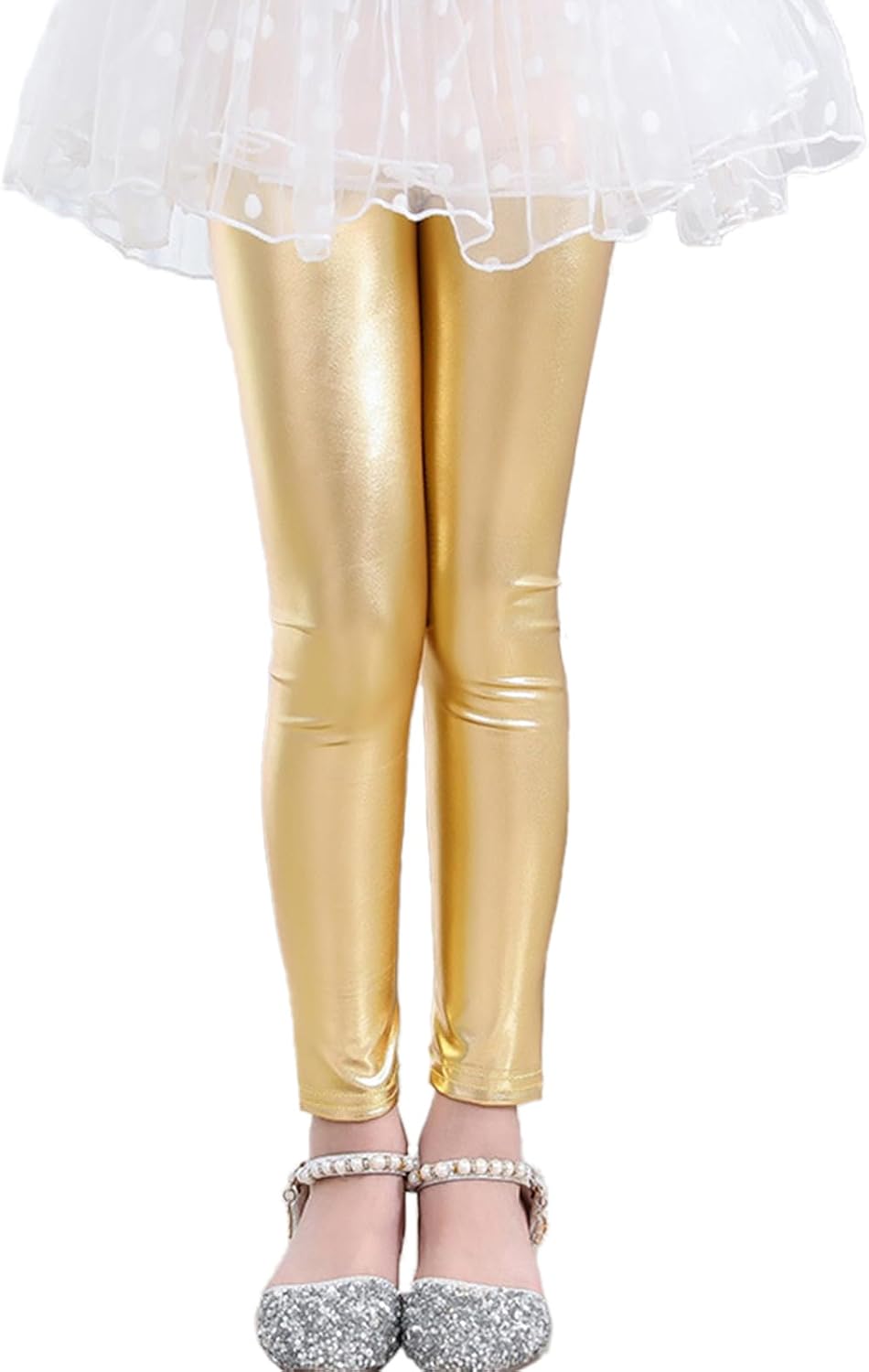 LOLANTA Girls Metallic Leggings, Kids Stretchy Tights, Ankle Length Shiny Dance Pants Size 6-10 8 Gold