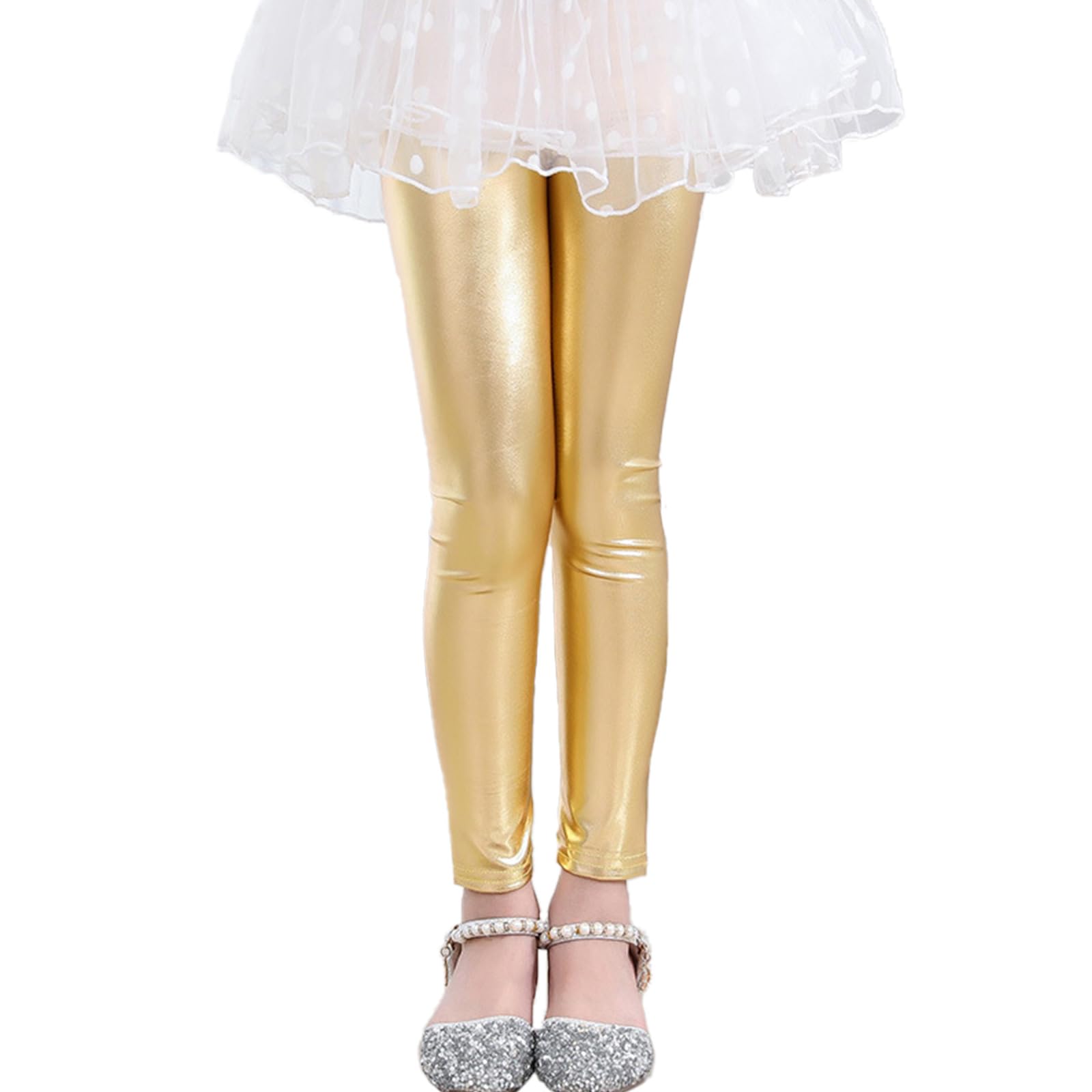 LOLANTA Girls Metallic Leggings, Kids Stretchy Tights, Ankle Length Shiny Dance Pants Size 6-10 10 Gold